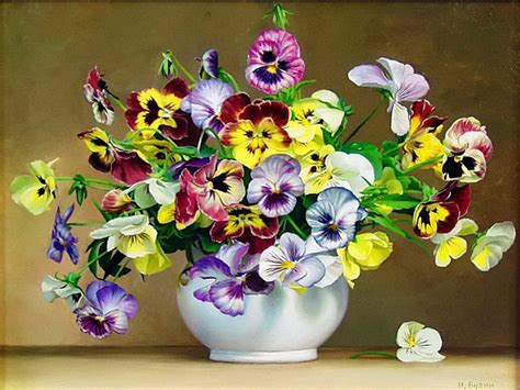 Bouquet Of Pansies Colorful Vase Beautiful Nice Tender Pansies