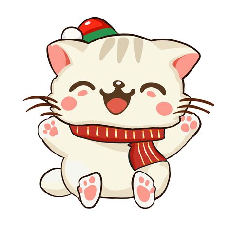 Watercolor and drawing for cute Cat smile snow doll with merry red hat. Digital painting of icon ...