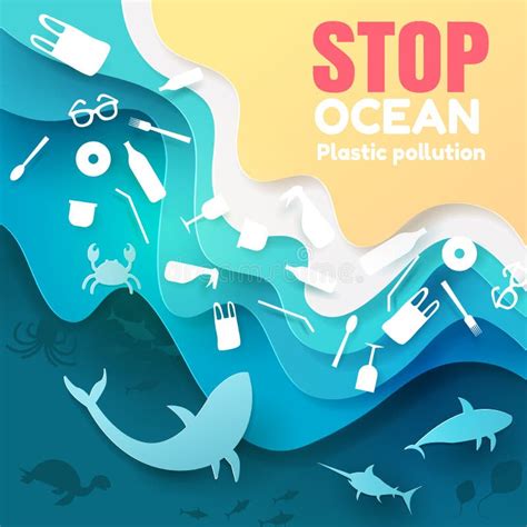 Stop Ocean Plastic Pollution Vector Paper Cut Illustration Stock