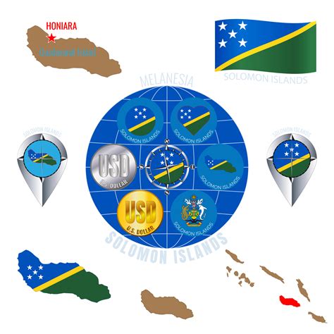 Set of illustrations of flag, outline map, icons of SOLOMON ISLANDS