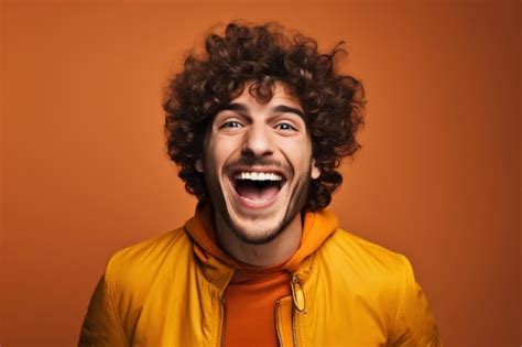 Excited Curly Haired Man Laughing Shouting Portrait Premium AI