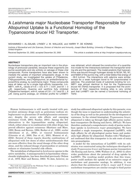 Pdf A Leishmania Major Nucleobase Transporter Responsible For