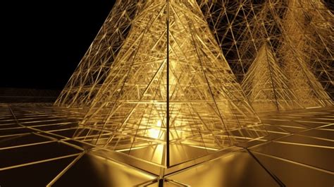 D Rendering Of A Triangular Golden Architecture Enclosed In Wireframe