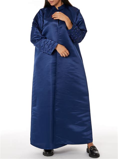 Navy Abaya Moistreet Navy Bridal Satin Embroidered Open Abaya Abayas