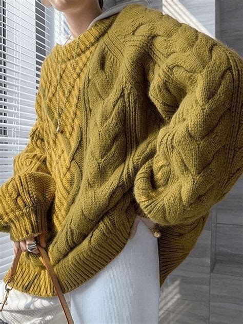 2024 Oversized Cable Knit Sweater Yellow One Size In Sweaters Online