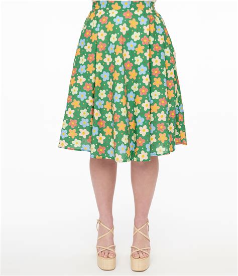 1950s Green Retro Floral Cotton Swing Skirt Unique Vintage