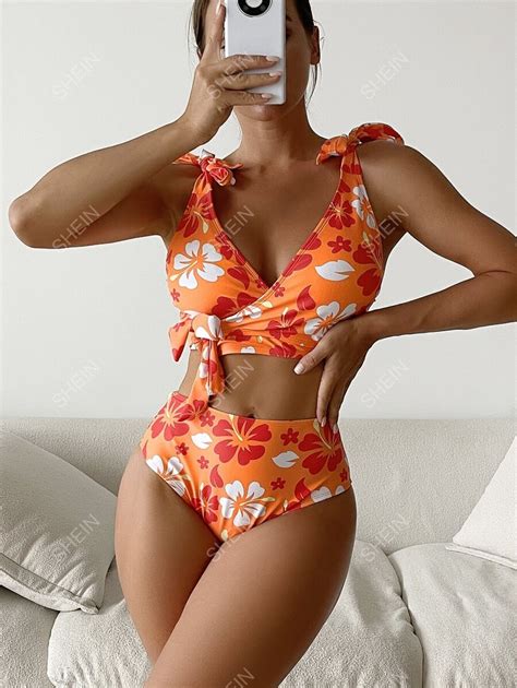 Shein Swim Summer Beach Floral Print Bikini Set Knot Shoulder Surplice