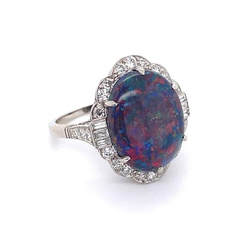 Carat Black Opal Diamond Platinum Art Deco Ring Estate Fine