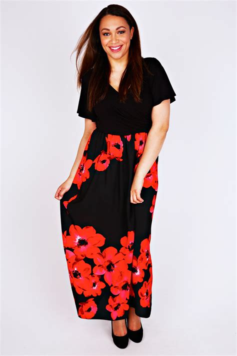 Scarlett And Jo Black And Red Poppy Print Wrap Front Maxi Dress Plus Size