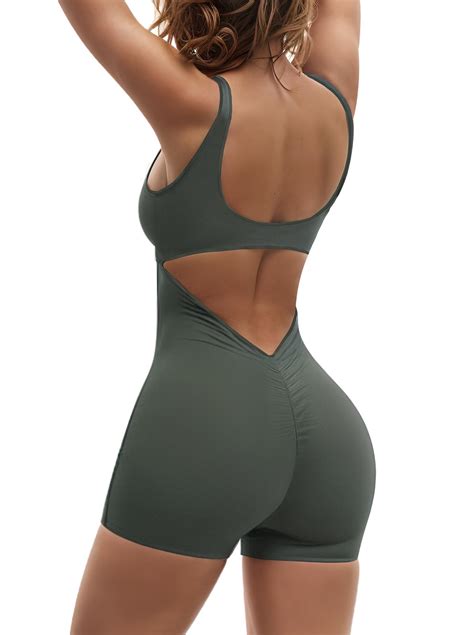 Women Workout Jumpsuit One Piece Sexy Unitard Bodysuit V Back Spaghetti