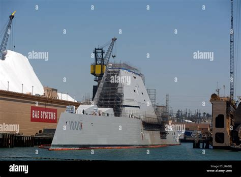 The stealth guided missile destroyer, USS Zumwalt, docked in San Diego ...