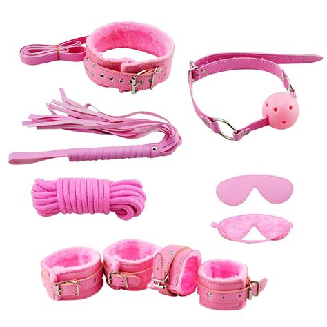 Pink Fur Bondage Sm Fetish Set Kit Whip Rope Blindfold Cuffs Ball Gag Gay Sex Toy For Couples