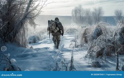 Two Men Hiking In The Snowy Forest Wearing Warm Clothing Generated By