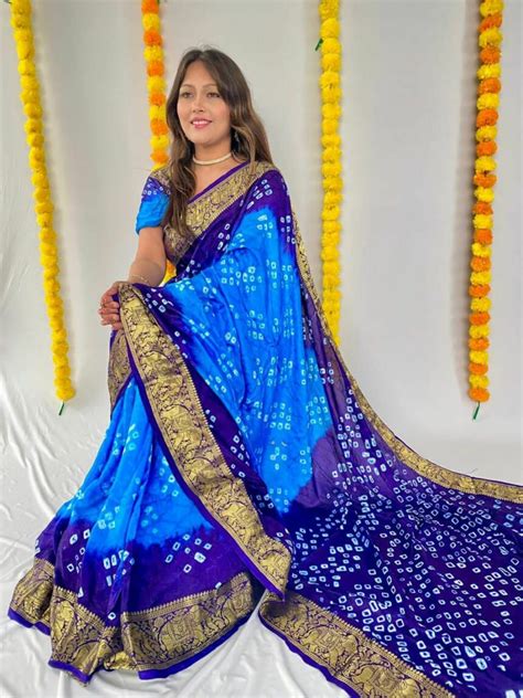 Blue Bandhani Saree With Zari Border