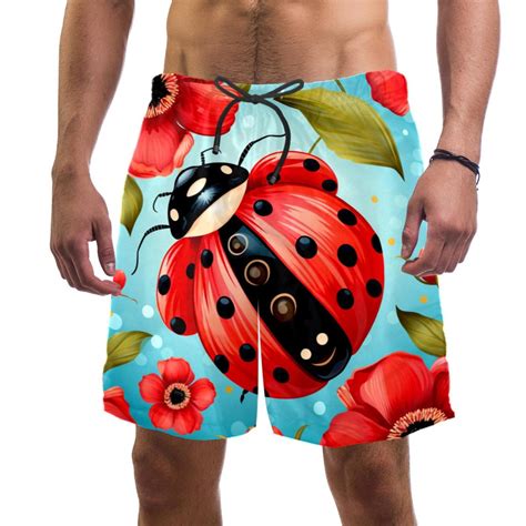 Mens Ladybug Poppies Swim Trunks Quick Dry Boardshorts Bathing Suit