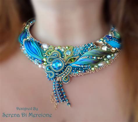 Peacock Necklace Bead Embroidery Shibori Silk Soutache Swarovski