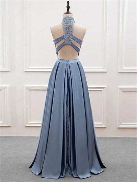 A Line Halter Floor Length Satin Prom Dresses With Appliques Hx