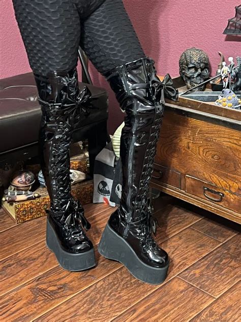 Demonia Kera 303 Thigh High Boots Black Stretch Patent Demonia Cult