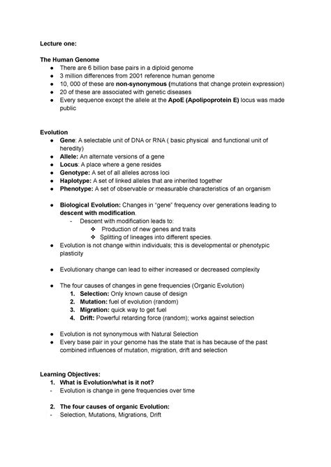 BISC 300 Evolution Review Of Lecture 1 Lecture One The Human