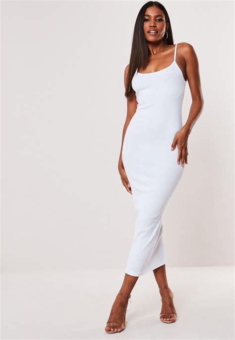 White Ribbed Strappy Bodycon Midi Dress Missguided Midi Dress