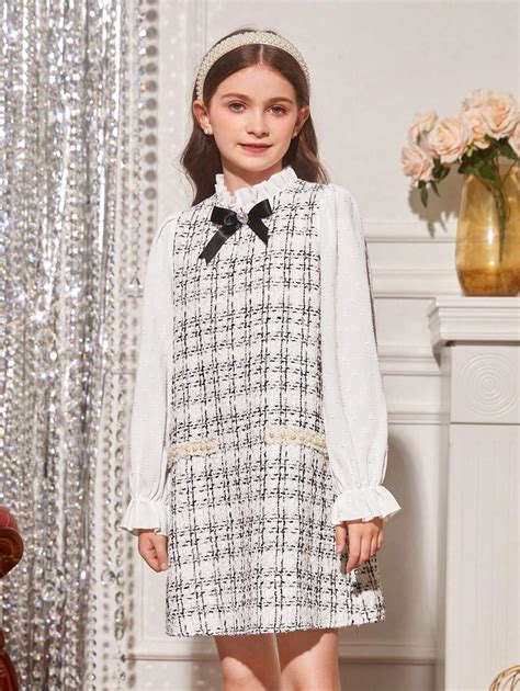 Shein Tween Girl Plaid Pattern Bow Front Flounce Sleeve Tweed Dress