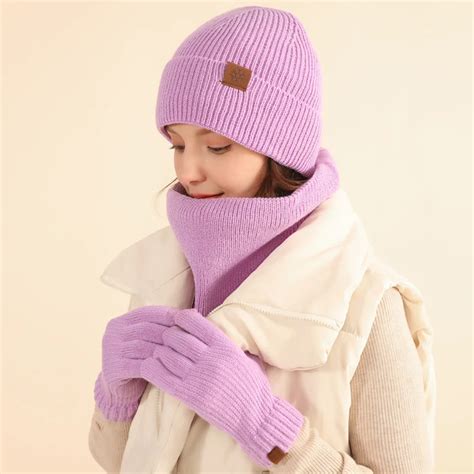 Pcs Winter Scarf Hat Glove Sets For Women Thick Warm Plush Lining