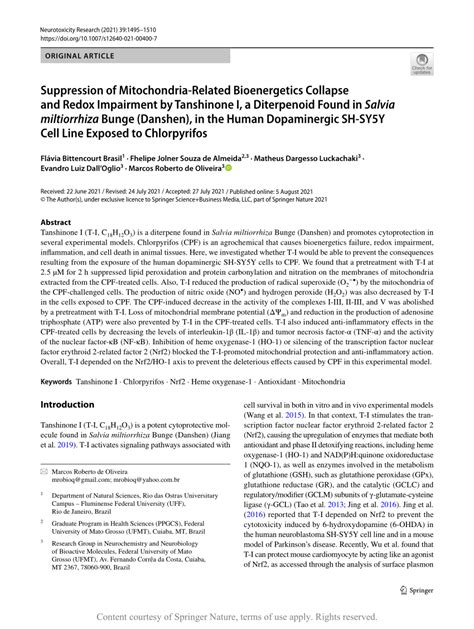 Suppression Of Mitochondria Related Bioenergetics Collapse And Redox