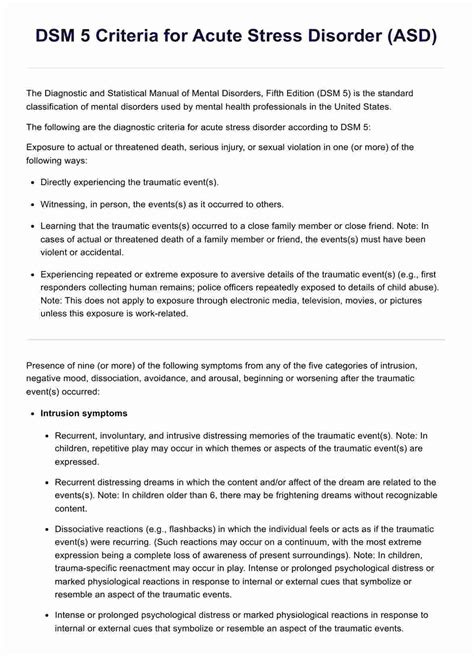 Dsm 5 Criteria For Acute Stress Disorder Asd And Example Free Pdf Download