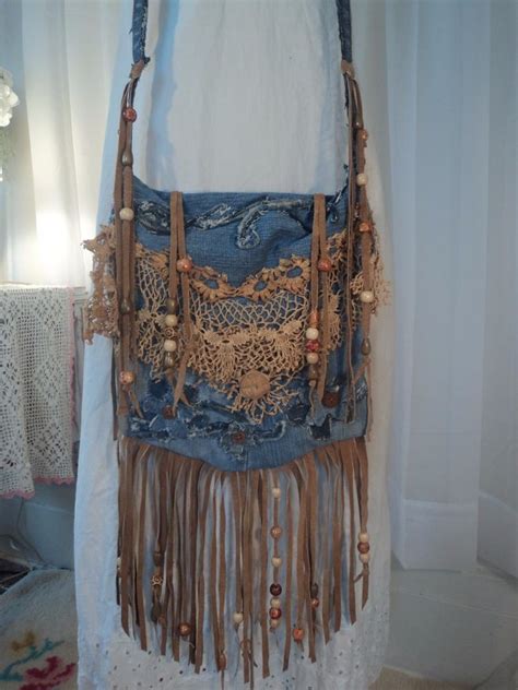 Handmade Denim CrossBody Bag Boho Hippie Purse Beaded Leather Fringe