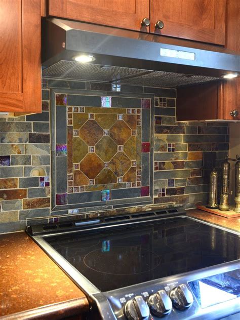 Rustic Slate And Glass Mixed Slate Subway Backsplash Tile Kitchen