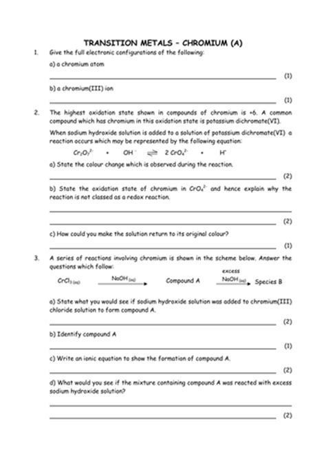 Transition Metal Chromium Chemistry Teaching Resources