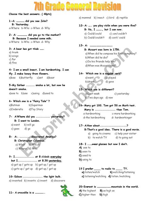 Th Grade General Revision Esl Worksheet By Sukrupasa