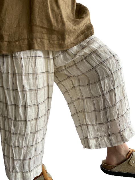 Ichi Antiquite S Linen Check Pants In Ecru Wide Pants Miel Jp