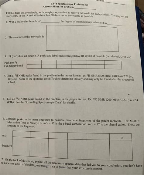 Solved Etion C344 Spectroscopy Problem Set Answer Sheet For Chegg