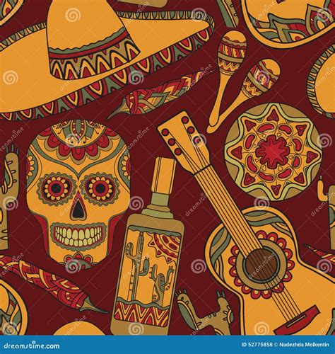 Vector Seamless Pattern With Traditional Mexican Symbols Stock Vector