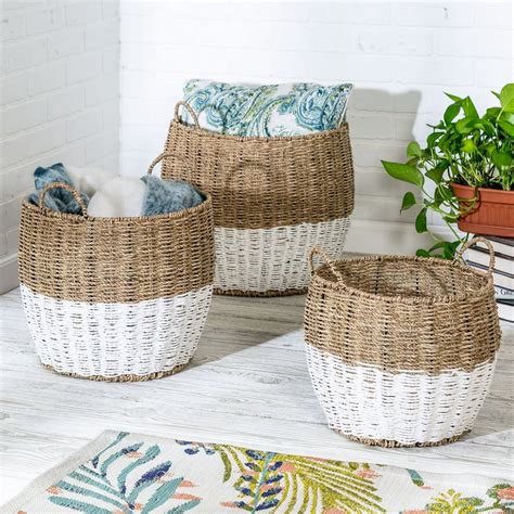 Mainstays Set Of 3 Round Nesting Seagrass 2 Color Baskets With Handles Natural And White