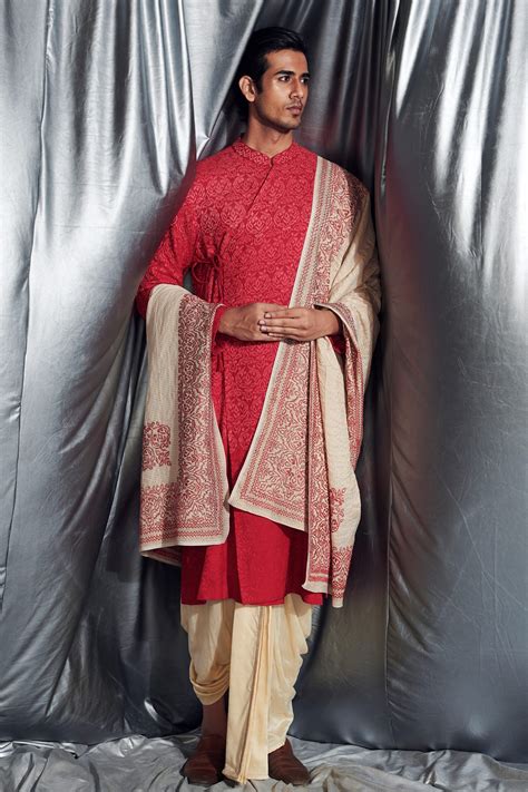 Buy Red Silk Embroidered Angrakha Kurta Set For Men By Dev R Nil Online