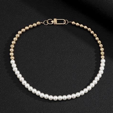 Collier De Perle Blanche Homme Bijou Bicolore