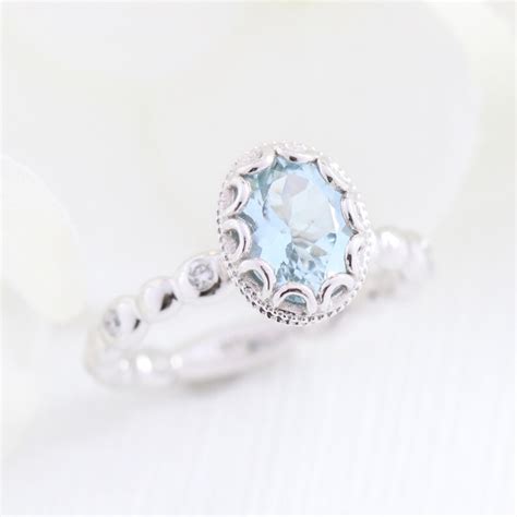 Floral Aquamarine Engagement Ring In 14k White Gold Pebble Etsy