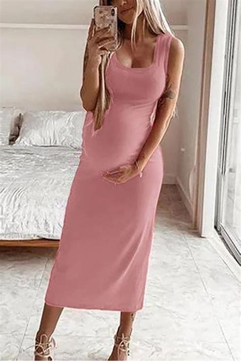 Maternity Casual Round Neck Sleeveless Pure Colour Dress Trendy