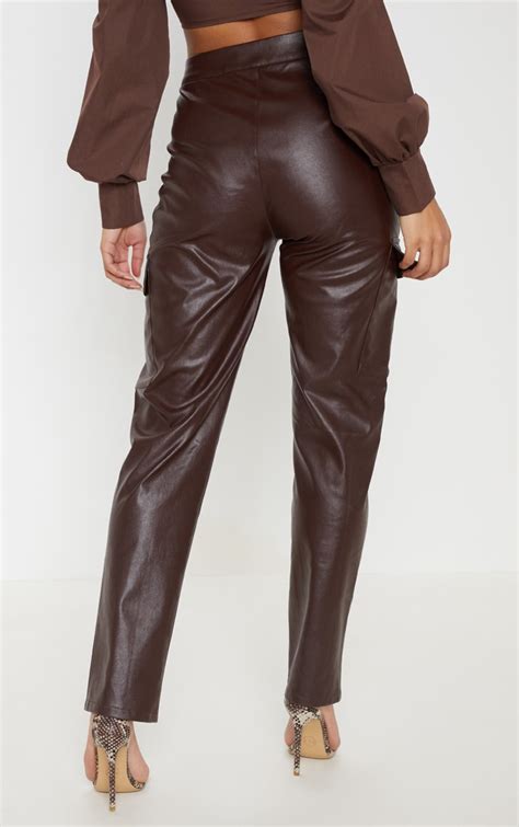 Chocolate Faux Leather Pocket Pants Prettylittlething Uae