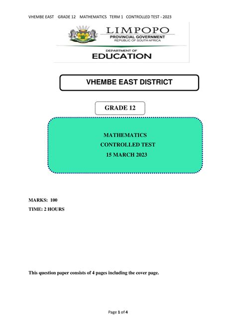 2023 Mathematics Grade 12 Term 1 Test QP MARKS 100 TIME 2 HOURS