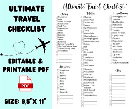 Ultimate Travel Checklist Editable Travel Checklist Printable Vacation ...