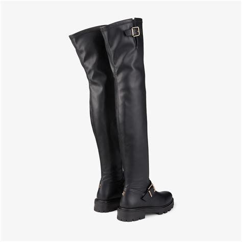 Black Stretch Bonded Fabric Knee High Biker Boots BIKER II OTK FLAT