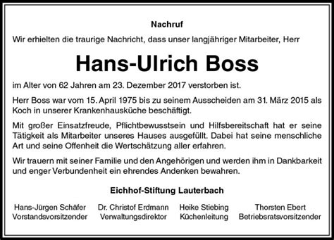 Traueranzeigen Von Hans Ulrich Boss Vrm Trauer De