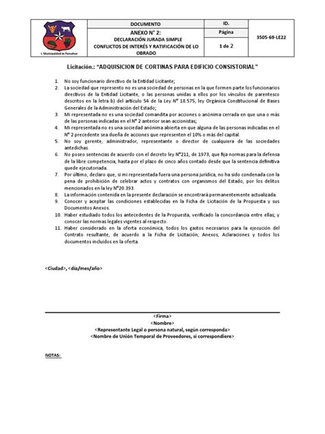 Anexo 2 Declaración Jurada Simple Conflicto De Interes Pdf