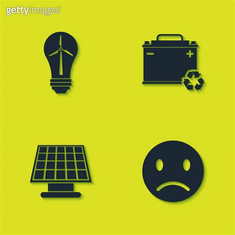 Set Light Bulb With Wind Turbine Sad Smile Solar Energy Panel And Car