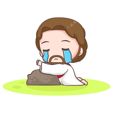 Cute Sad Jesus Christ Cartoon Praying Hand Drawn Chibi Character