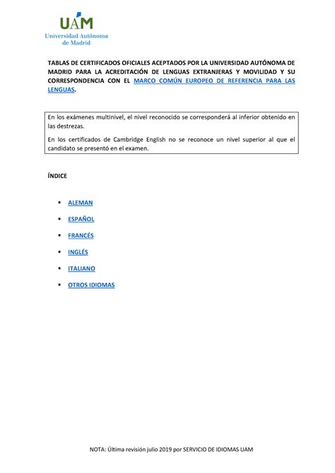 Tabla De Equivalencias Idiomas Tablas De Certificados Oficiales