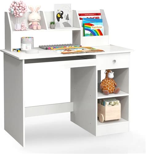 Kids Study Desk, Children Wooden Computer Desk with Hutch, Bookshelf ...